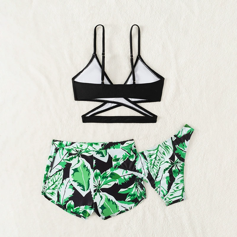 Girls Three-Piece Swimsuit Set with Bikini Top and Boy Shorts
