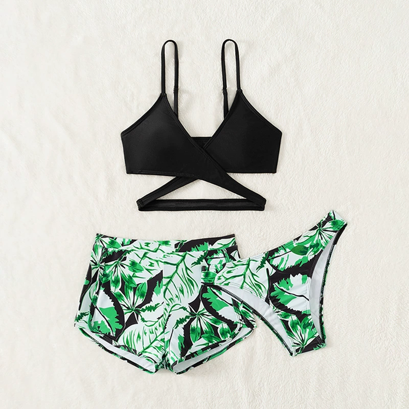 Girls Three-Piece Swimsuit Set with Bikini Top and Boy Shorts view 3
