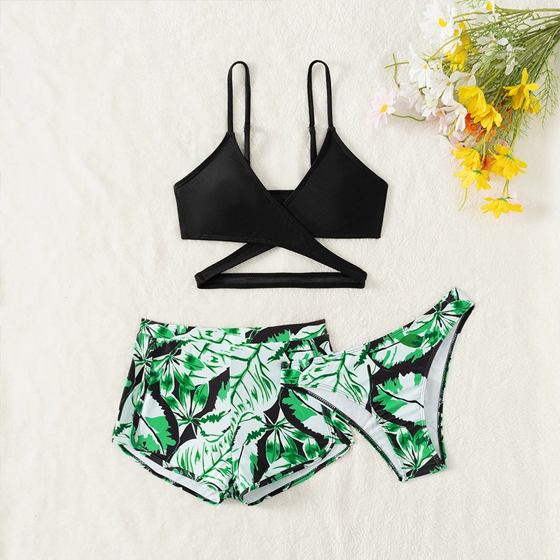 Girls Three-Piece Swimsuit Set with Bikini Top and Boy Shorts view 6