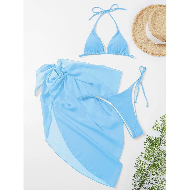 Halter Triangle Bikini Set with Wrap Skirt