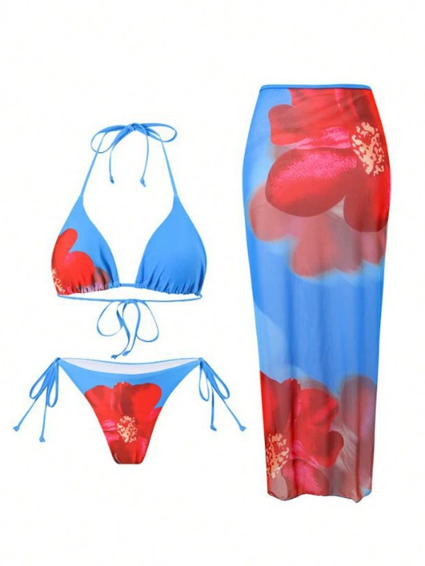 Three-Piece Halter Bikini Set with Long Sheer Cover-Up Skirt view 4