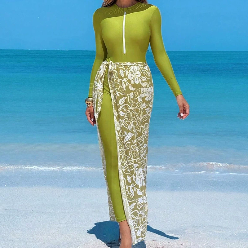 Three-Piece Swimwear Set with One-Piece, Skirt, and Pants