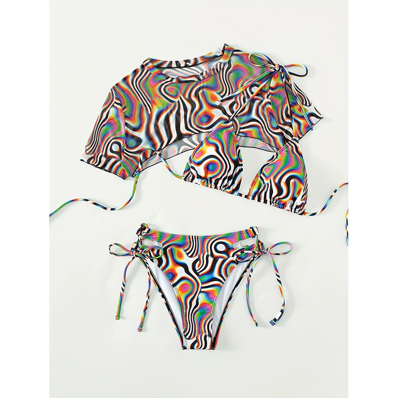 Three-Piece Halter Bikini Set with Mesh Cover-Up