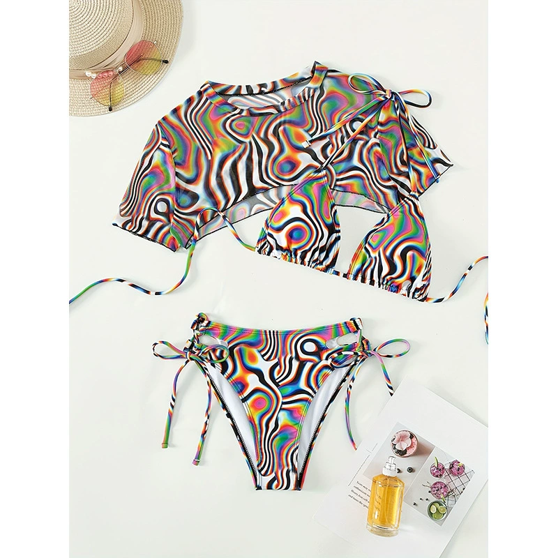 Three-Piece Halter Bikini Set with Mesh Cover-Up view 4