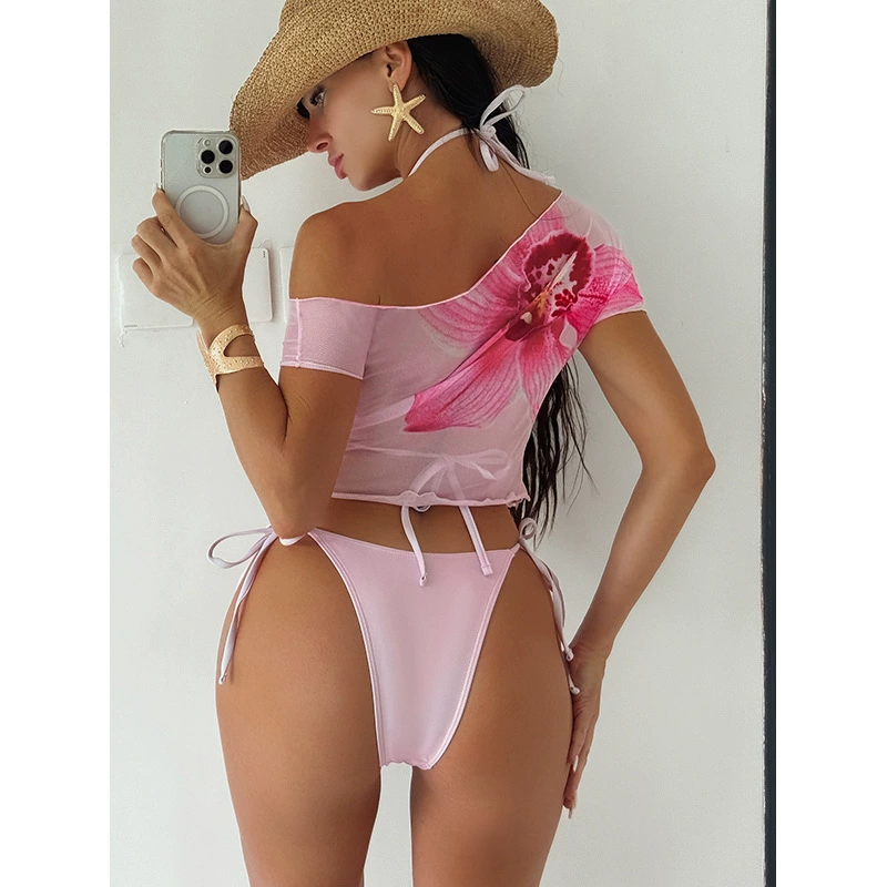 Three-Piece Swimsuit Set with Off-Shoulder Top and Side-Tie Bottoms