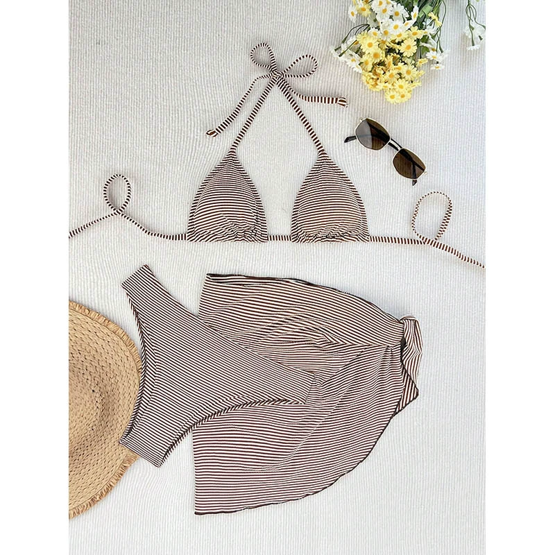 Women's Three-Piece Bikini Set with Triangle Top and Skirt view 8