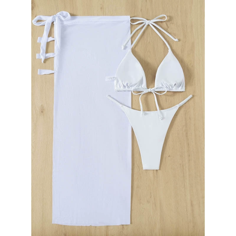Women's Three-Piece Bikini Set with Triangle Top and Skirt view 9
