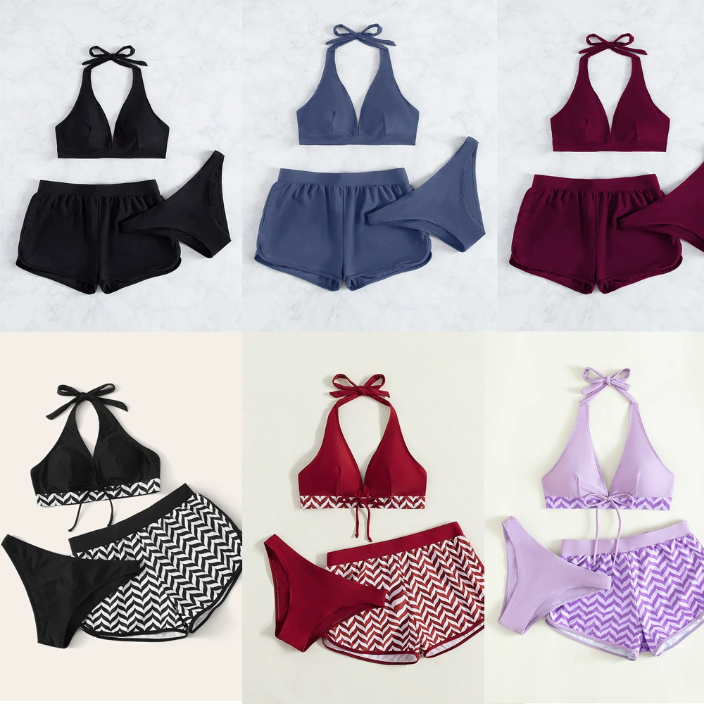 Three-Piece Halter Bikini Set with Boy Shorts and Brief