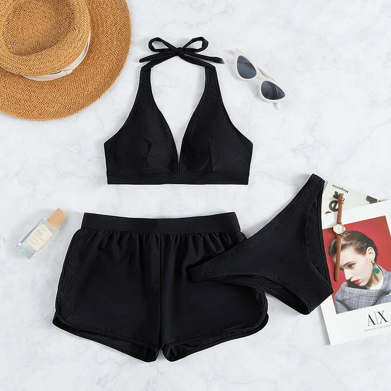 Three-Piece Halter Bikini Set with Boy Shorts and Brief view 4