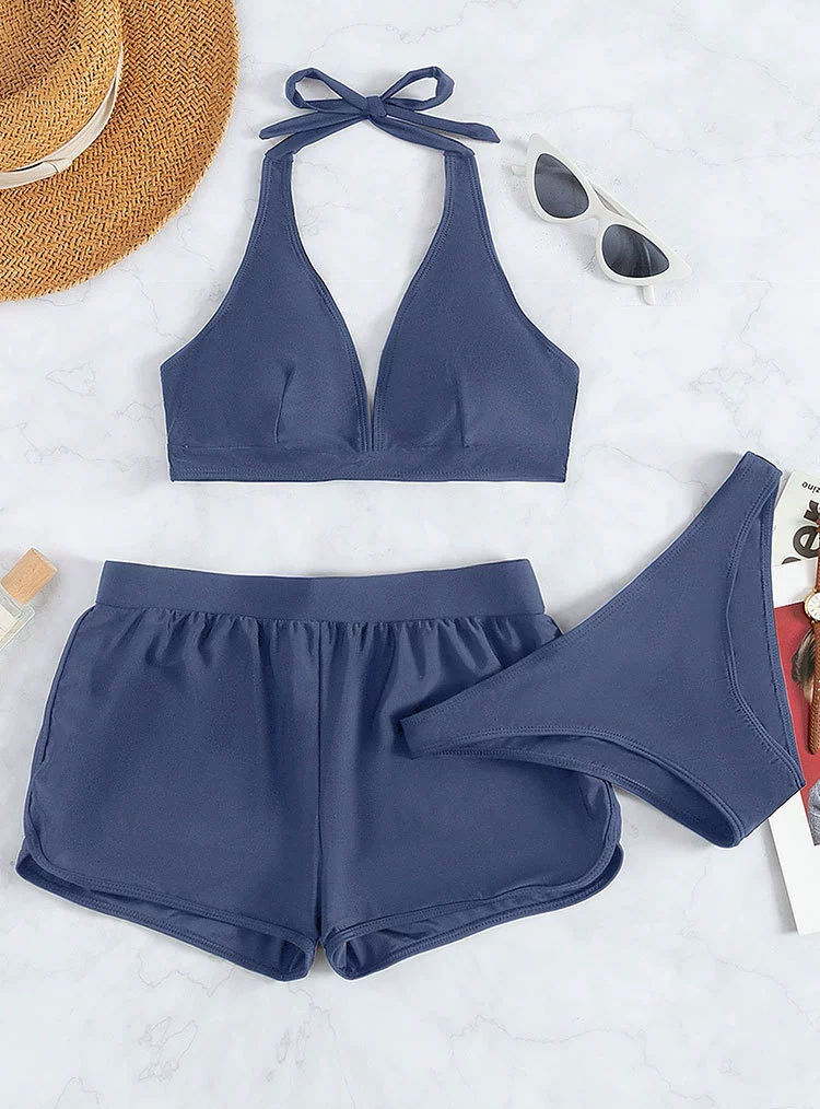 Three-Piece Halter Bikini Set with Boy Shorts and Brief view 7