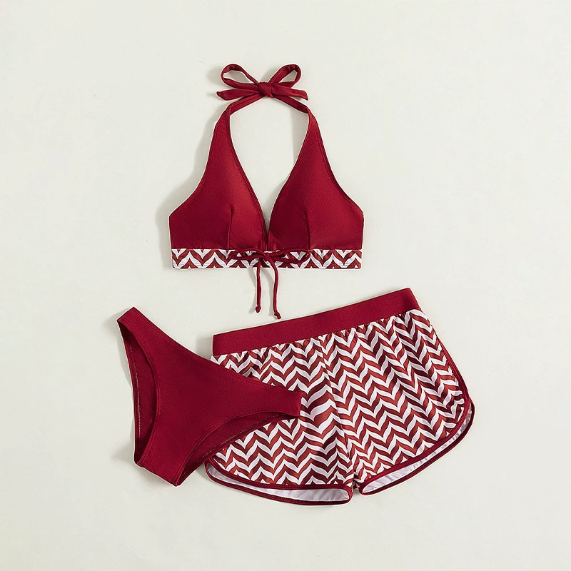 Three-Piece Halter Bikini Set with Boy Shorts and Brief view 8