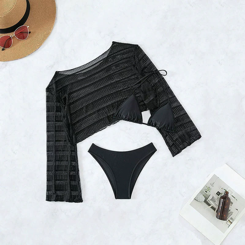 Three-Piece Long Sleeve Sheer Cover-Up and Halter Bikini Set view 4