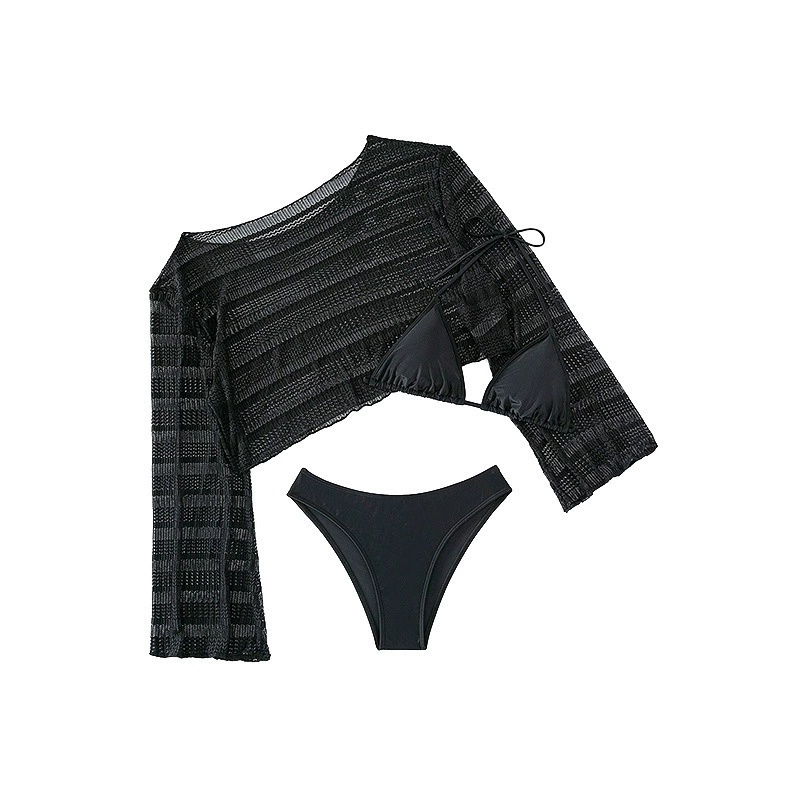Three-Piece Long Sleeve Sheer Cover-Up and Halter Bikini Set view 5
