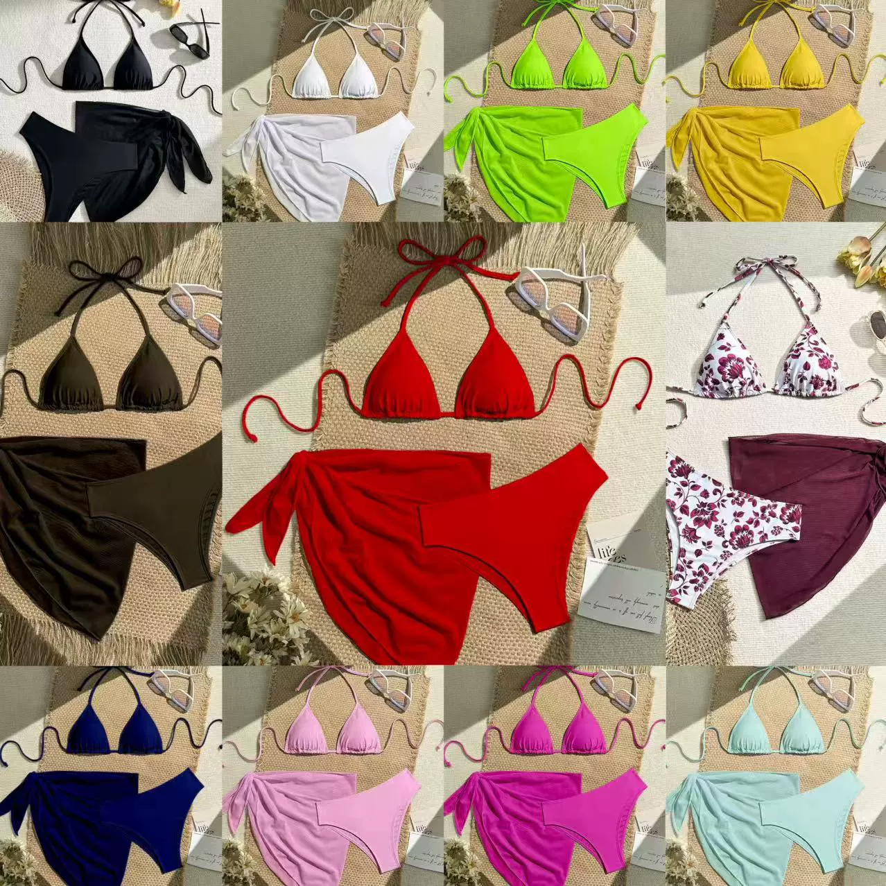 Three-Piece Triangle Bikini Set with Sarong