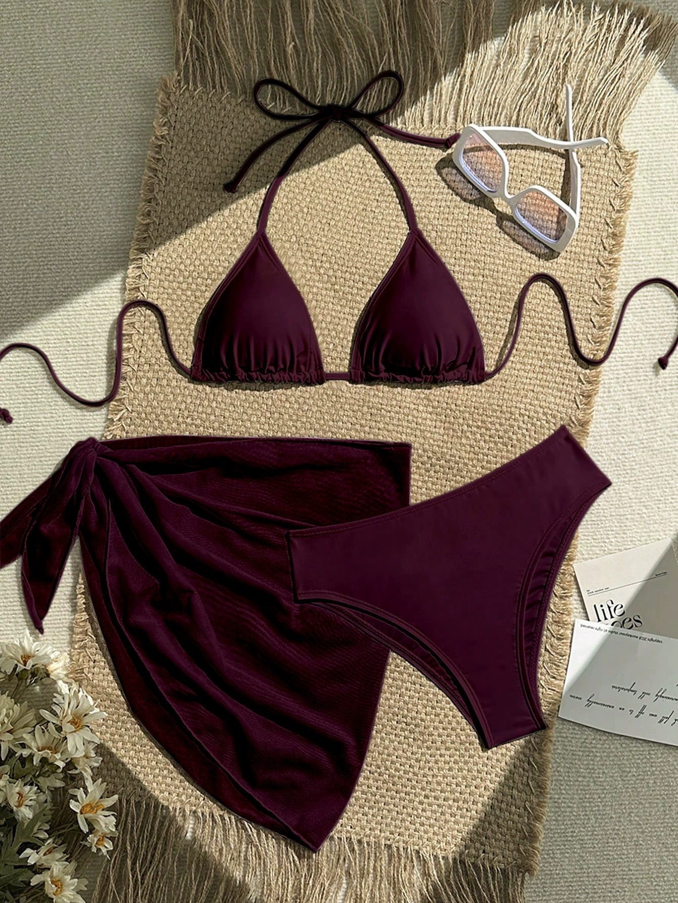 Three-Piece Triangle Bikini Set with Sarong view 11