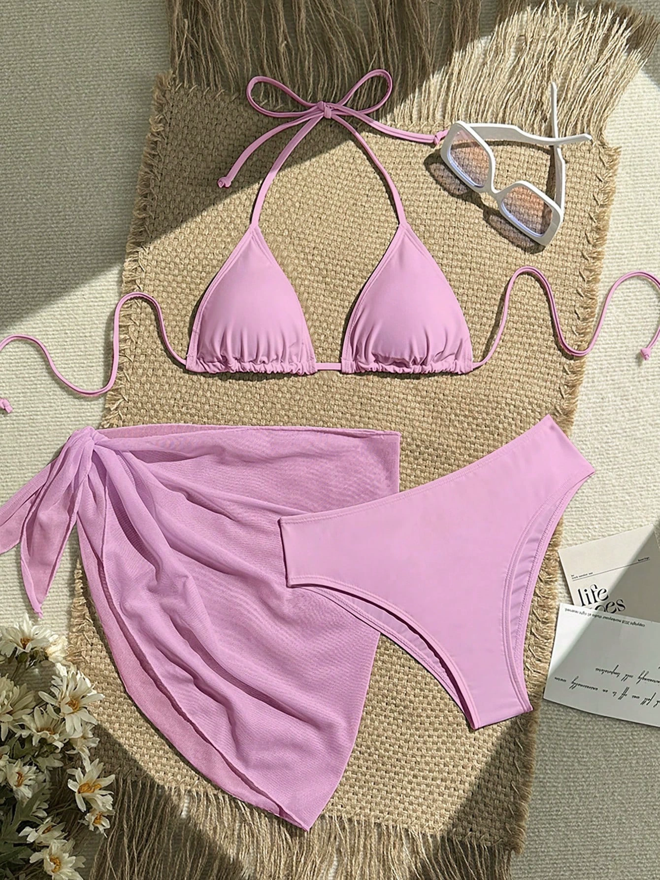 Three-Piece Triangle Bikini Set with Sarong view 14