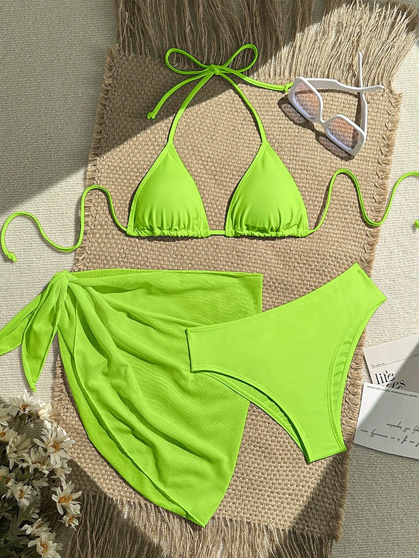 Three-Piece Triangle Bikini Set with Sarong view 15