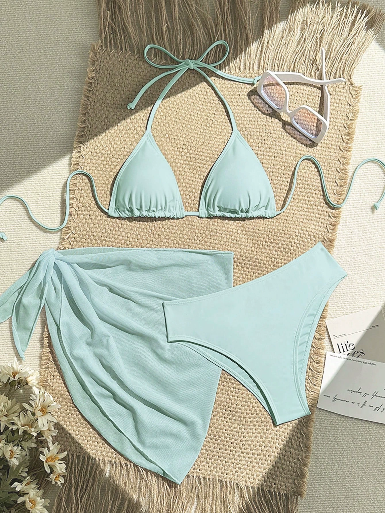 Three-Piece Triangle Bikini Set with Sarong view 16