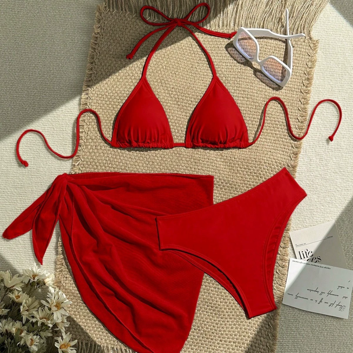 Three-Piece Triangle Bikini Set with Sarong