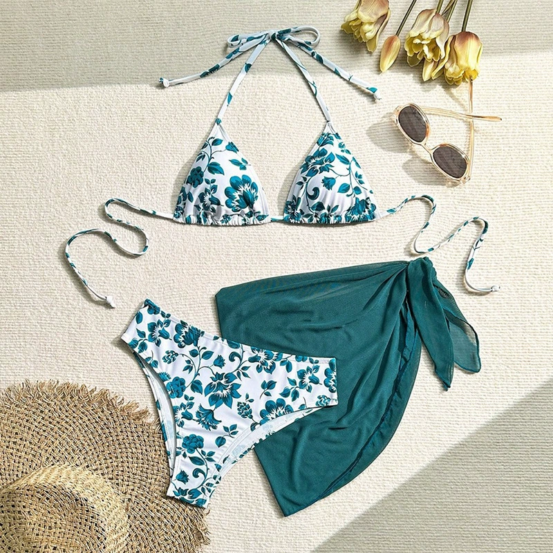 Three-Piece Triangle Bikini Set with Sarong view 6
