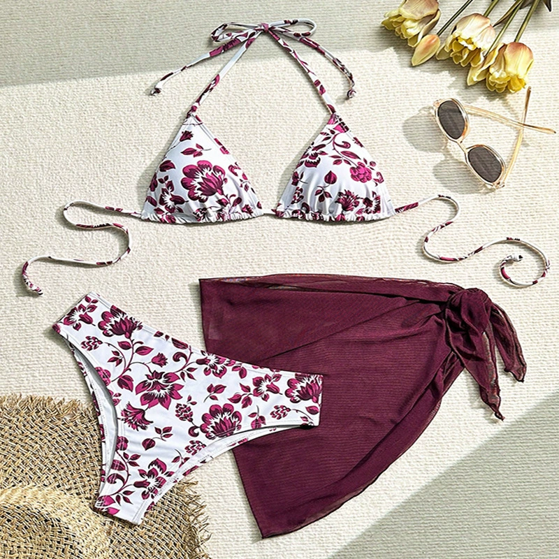 Three-Piece Triangle Bikini Set with Sarong view 8