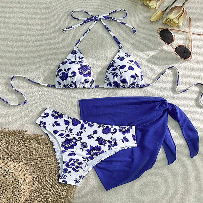 Three-Piece Triangle Bikini Set with Sarong view 9