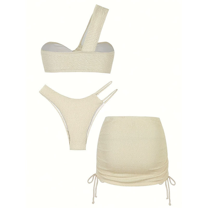 Three-Piece One-Shoulder Bikini Set with Cover-Up Skirt