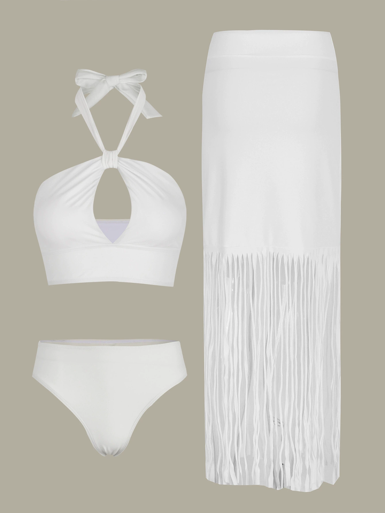Three-Piece Halter Swimsuit Set with Fringe Skirt view 5