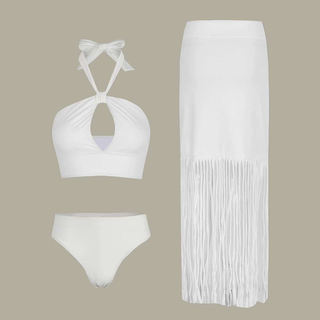 Three-Piece Halter Swimsuit Set with Fringe Skirt view 6