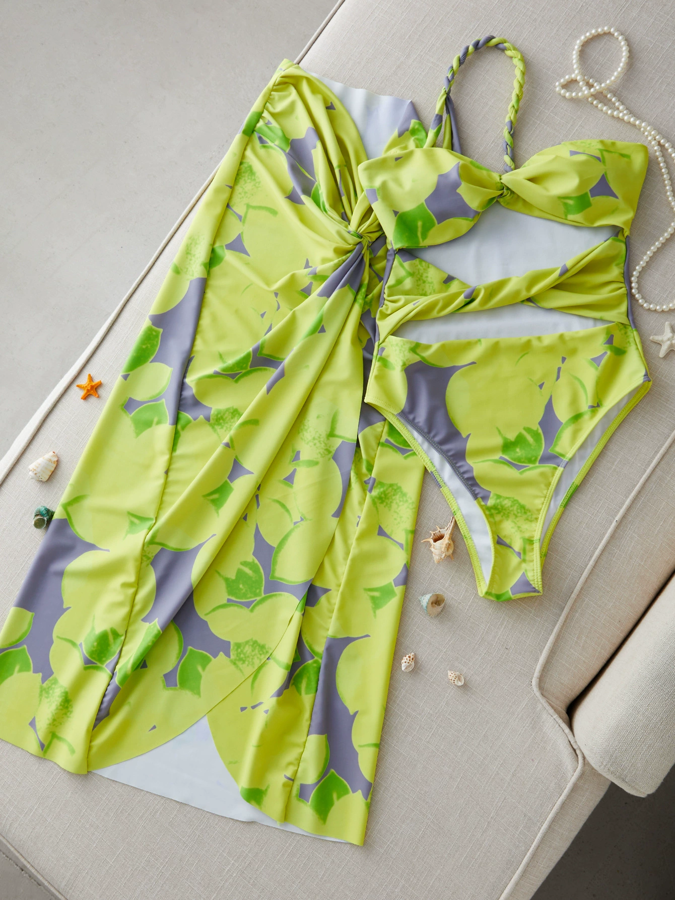 Three-Piece Bikini Set with One-Shoulder Top and Side-Slit Skirt view 4