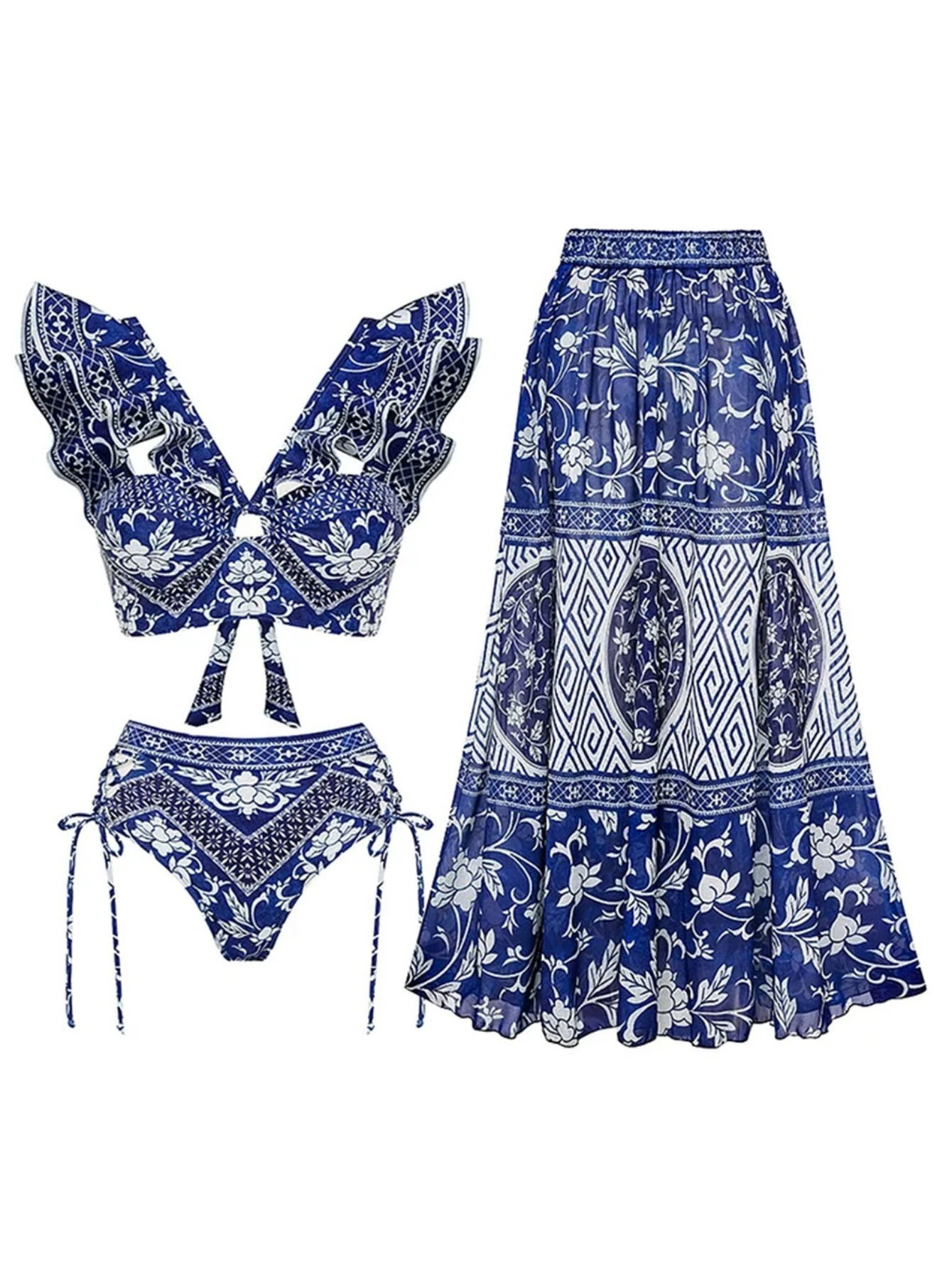 Women’s Three-Piece Swimwear Set with Ruffle Top and Skirt
