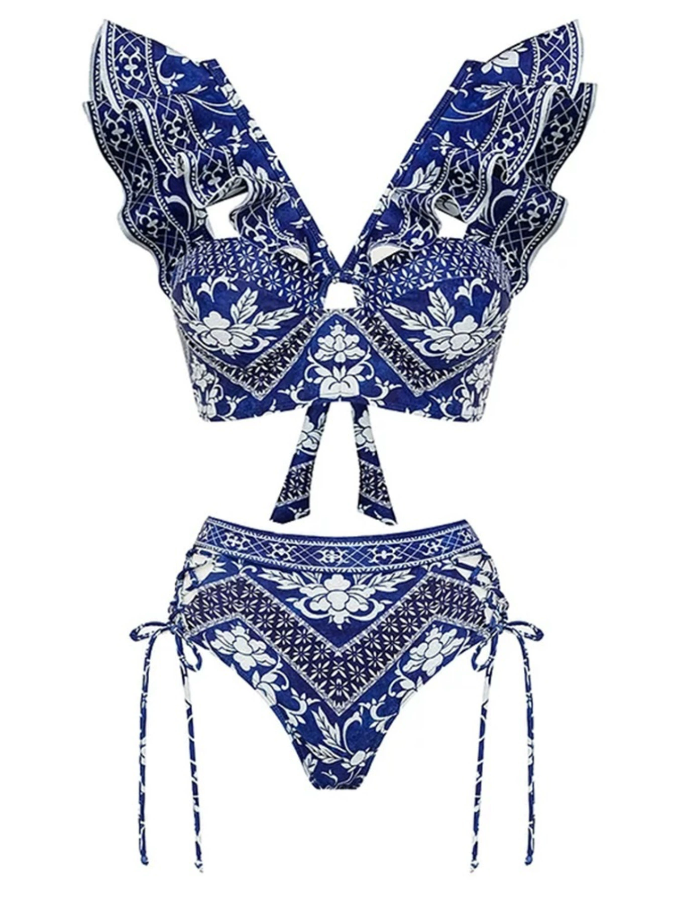 Women's Three-Piece Swimwear Set with Ruffle Top and Skirt view 4