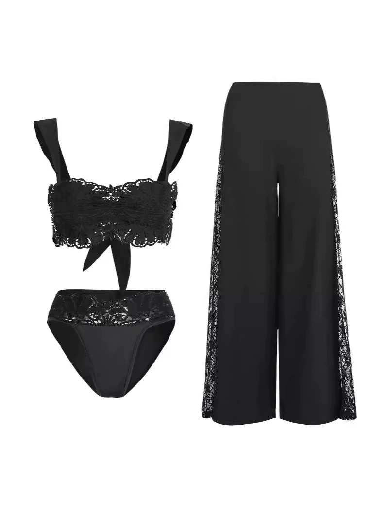Women's Three-Piece Swimsuit Set with Bandeau Top and Wide-Leg Pants view 4