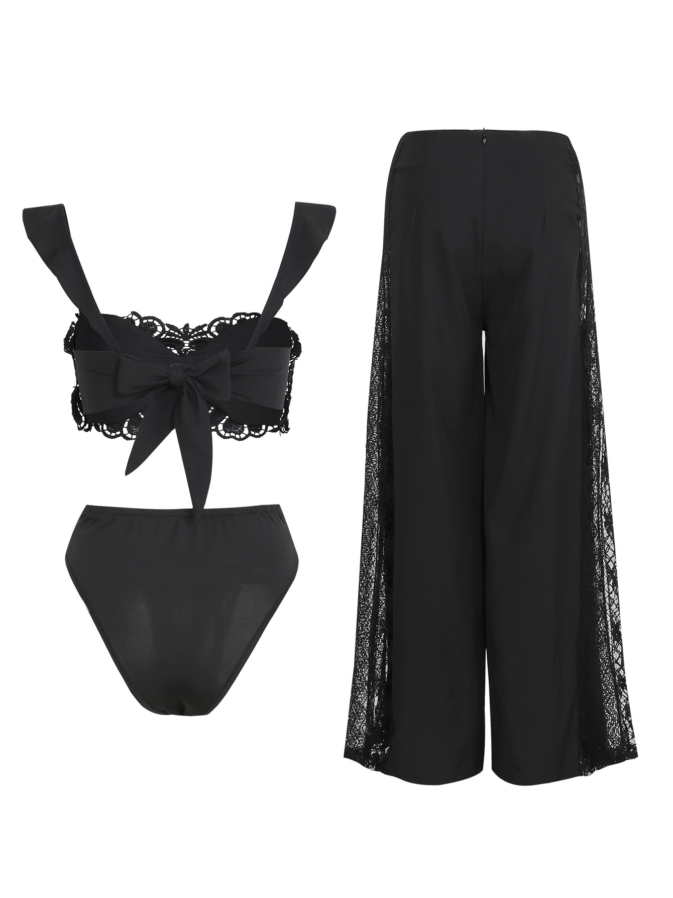 Women's Three-Piece Swimsuit Set with Bandeau Top and Wide-Leg Pants view 5