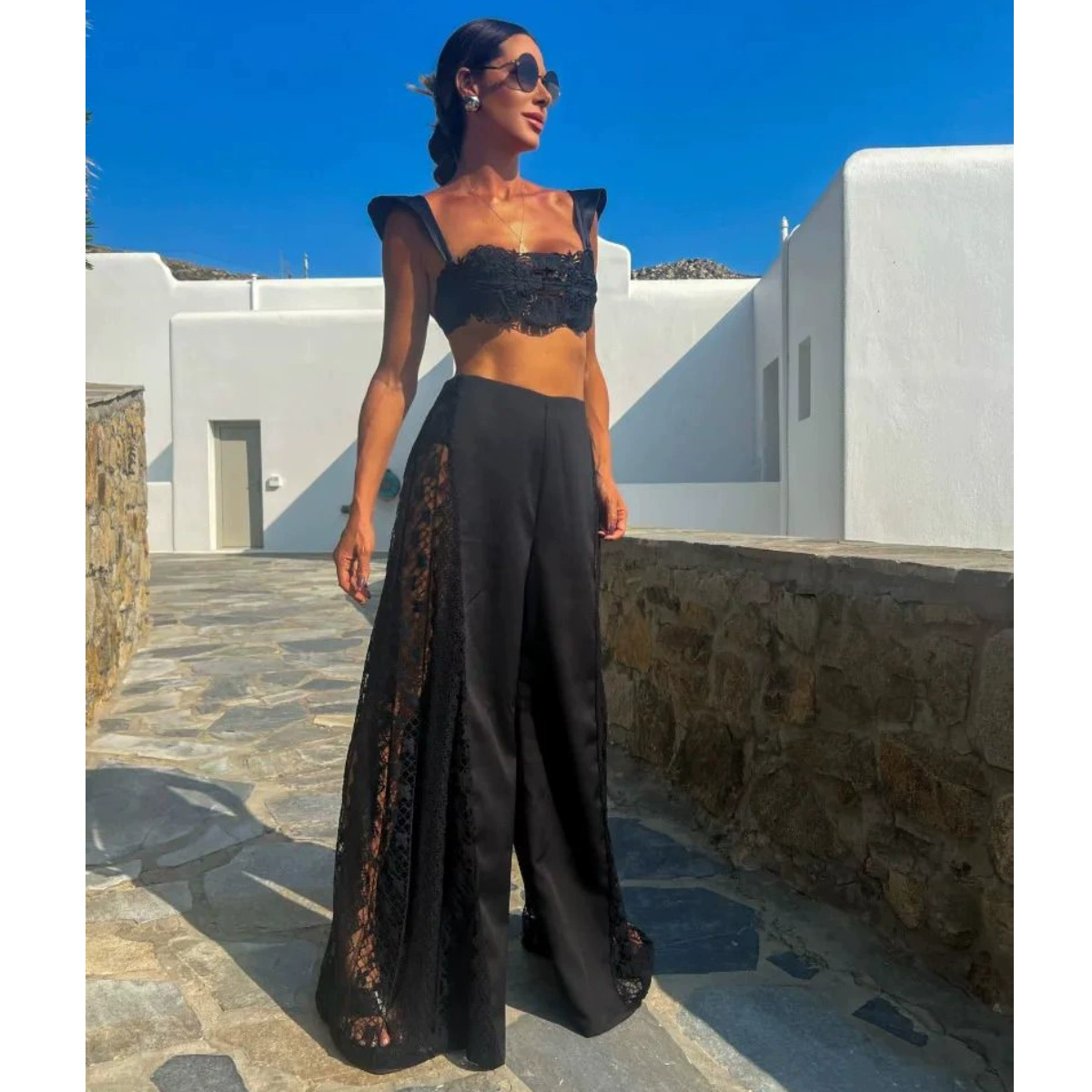 Women's Three-Piece Swimsuit Set with Bandeau Top and Wide-Leg Pants view 6