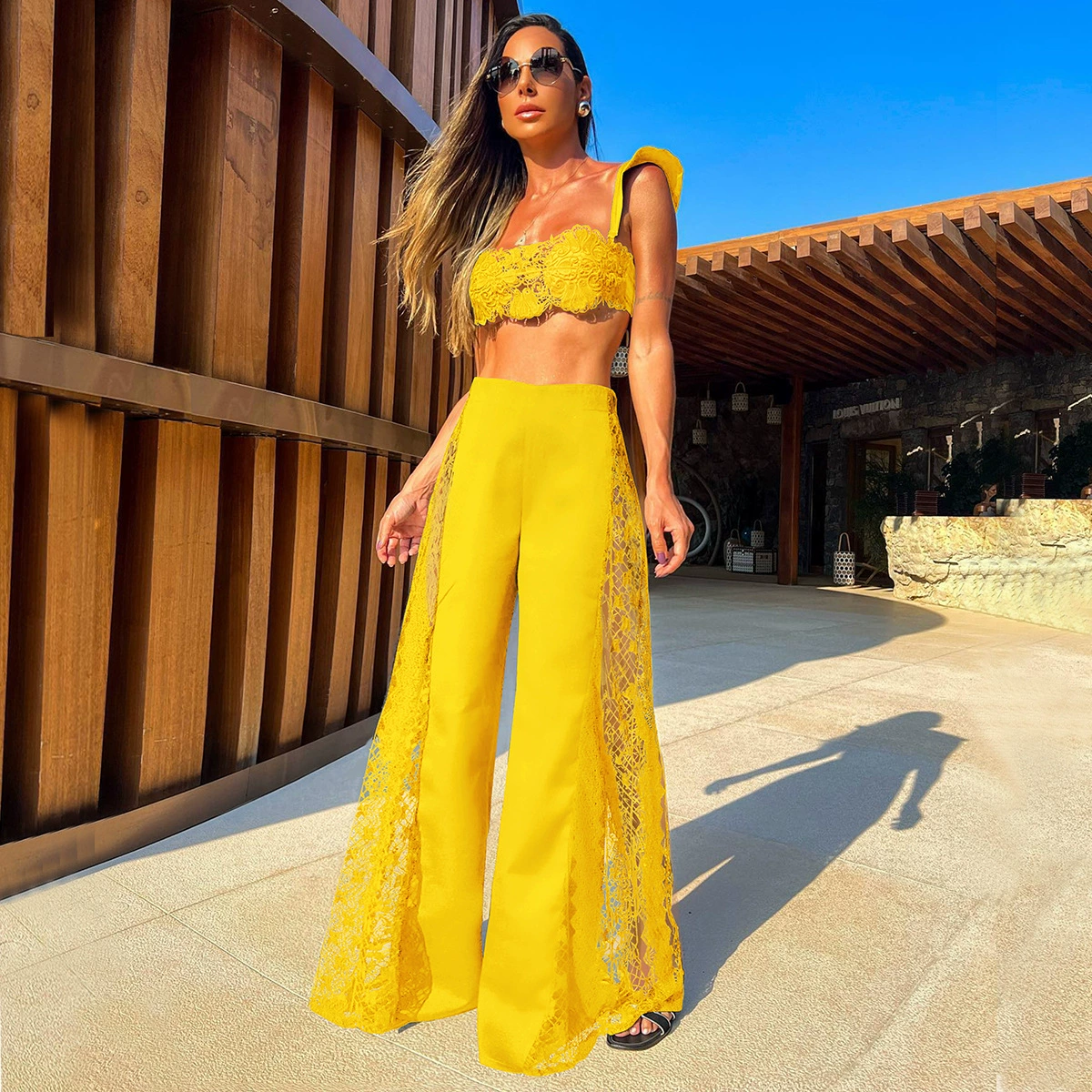 Women's Three-Piece Swimsuit Set with Bandeau Top and Wide-Leg Pants view 9