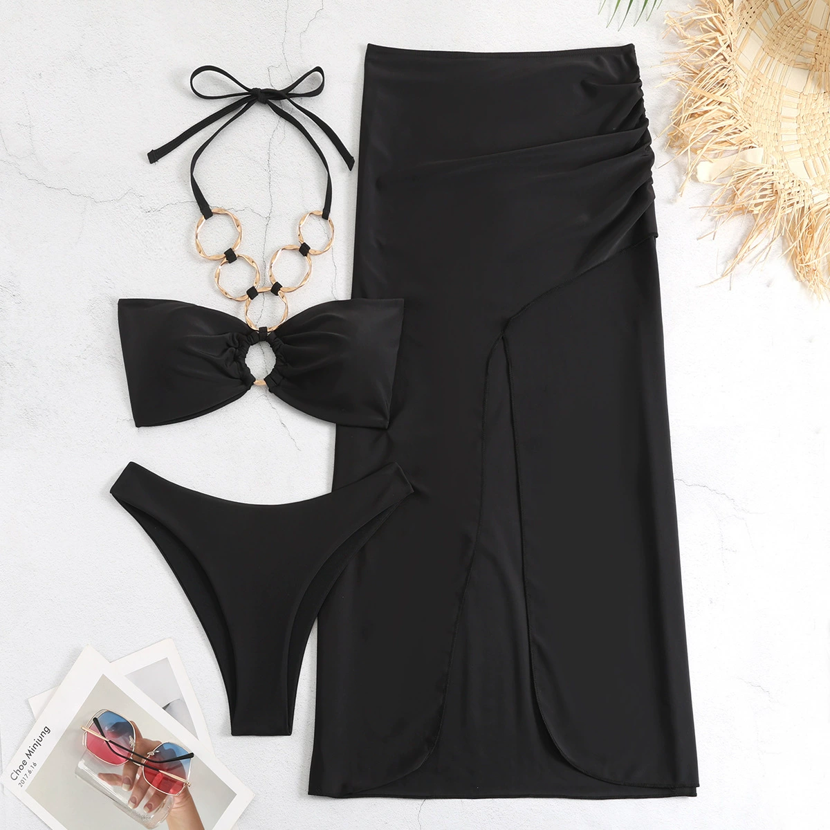Halter Bikini Set with Skirt and Ring Detail view 3
