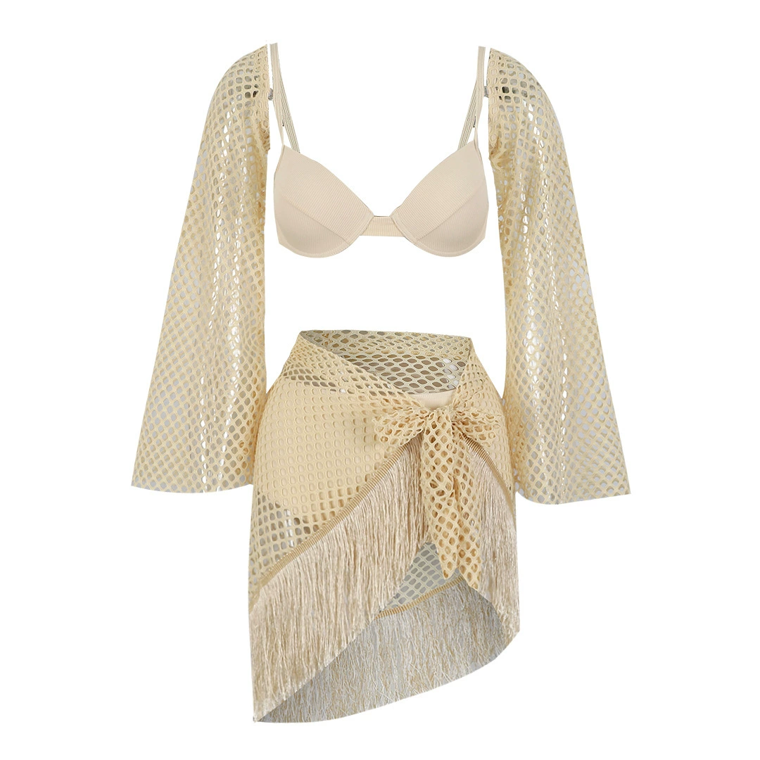 Three-Piece Bikini Set with Bell Sleeve Cover-Up and Fringe Skirt view 6