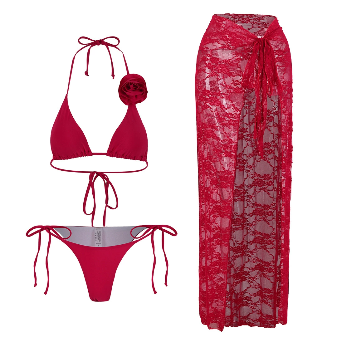 Three-Piece Halter Bikini Set with Rosette and Sheer Skirt view 3