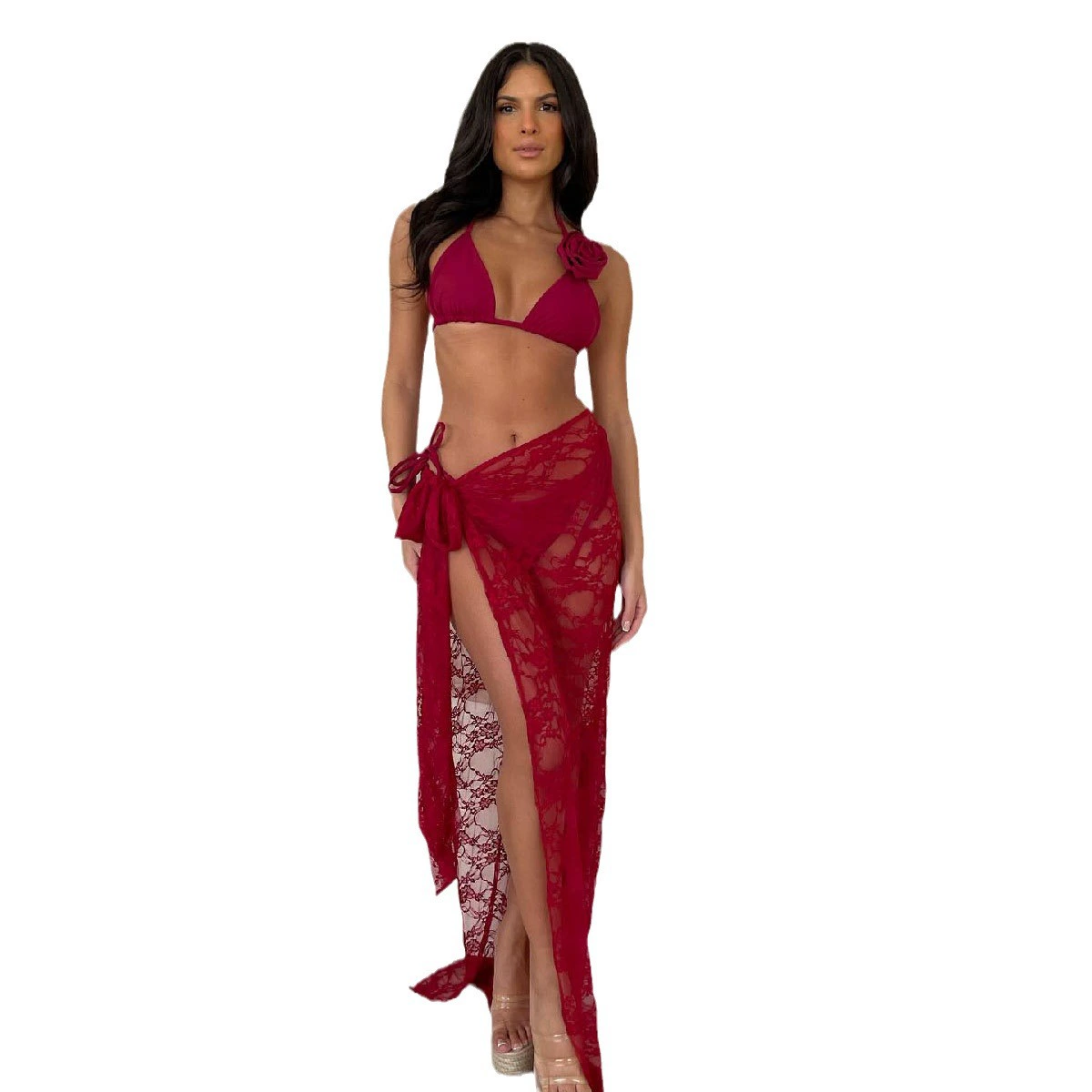 Three-Piece Halter Bikini Set with Rosette and Sheer Skirt view 5