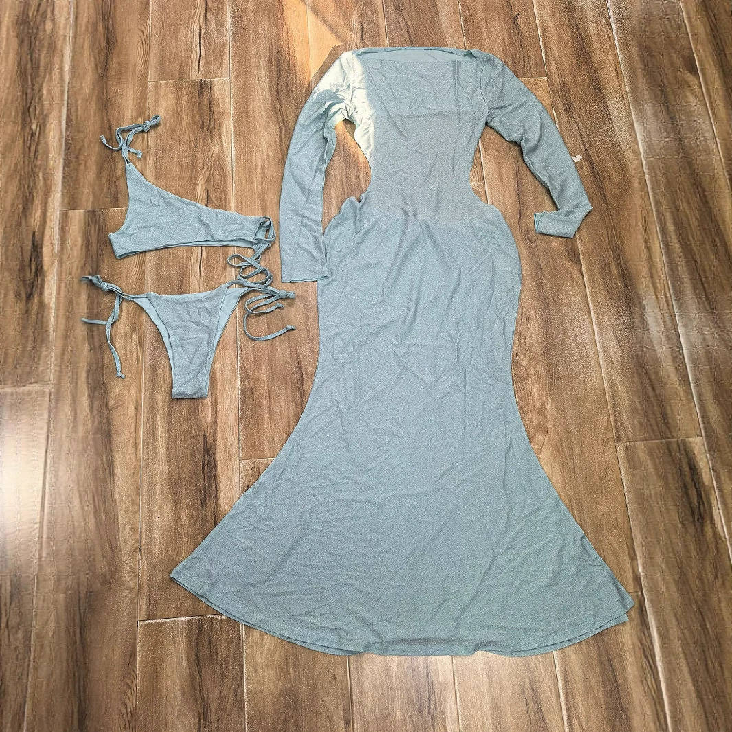 Three-Piece Long Sleeve Cutout Maxi Dress and Bikini Set