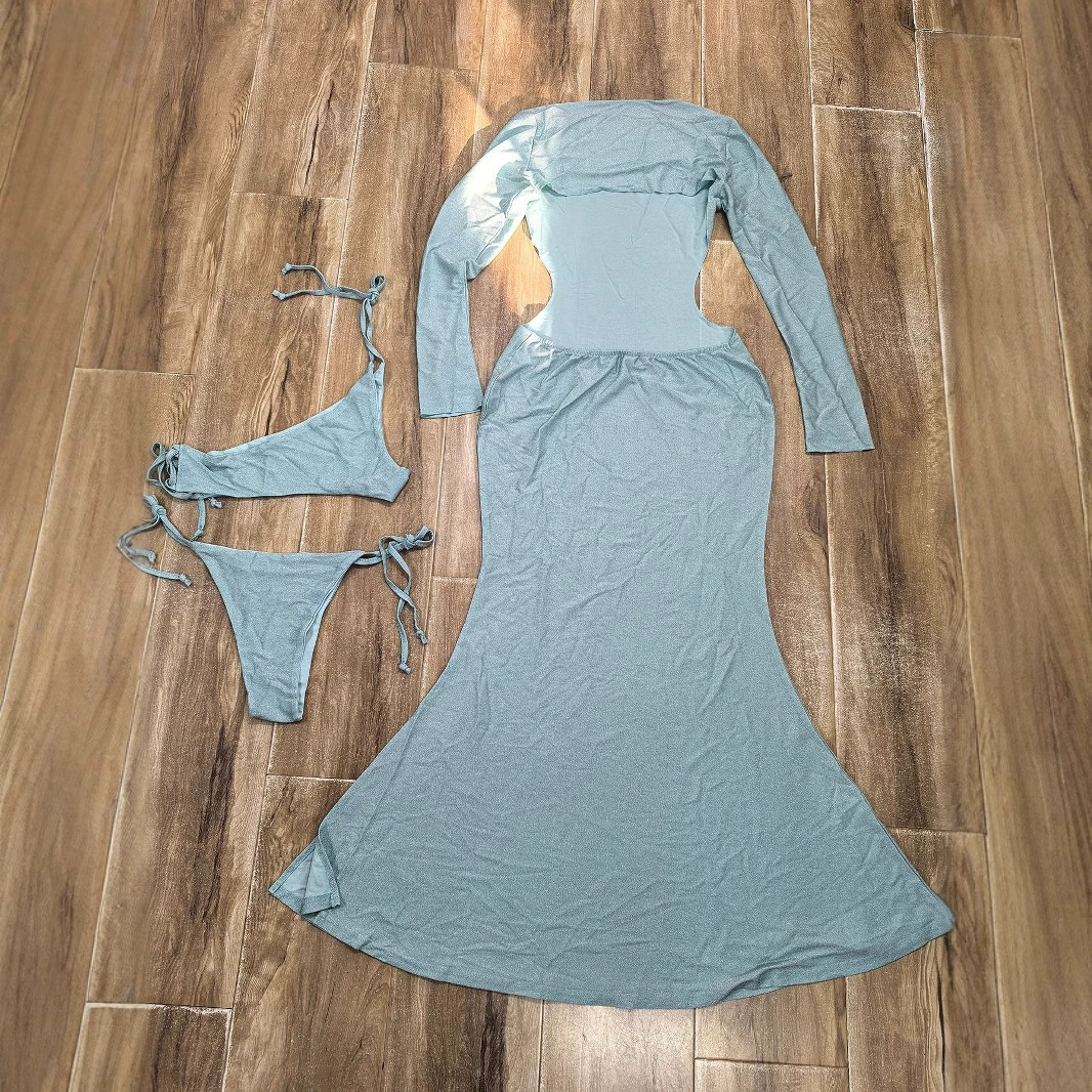 Three-Piece Long Sleeve Cutout Maxi Dress and Bikini Set view 3