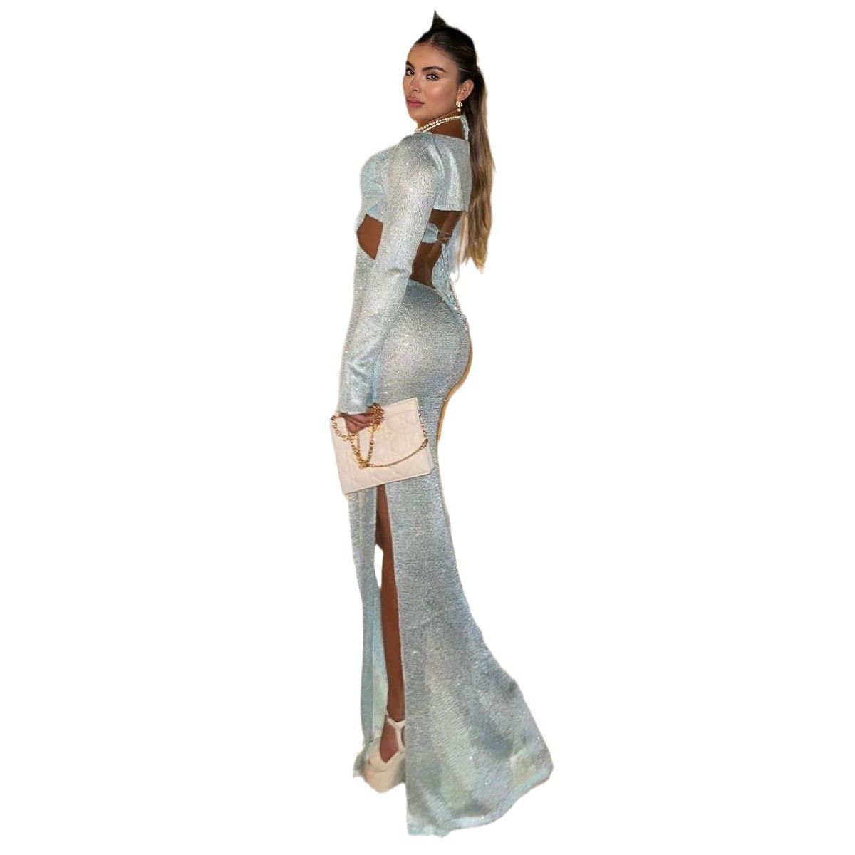 Three-Piece Long Sleeve Cutout Maxi Dress and Bikini Set view 4