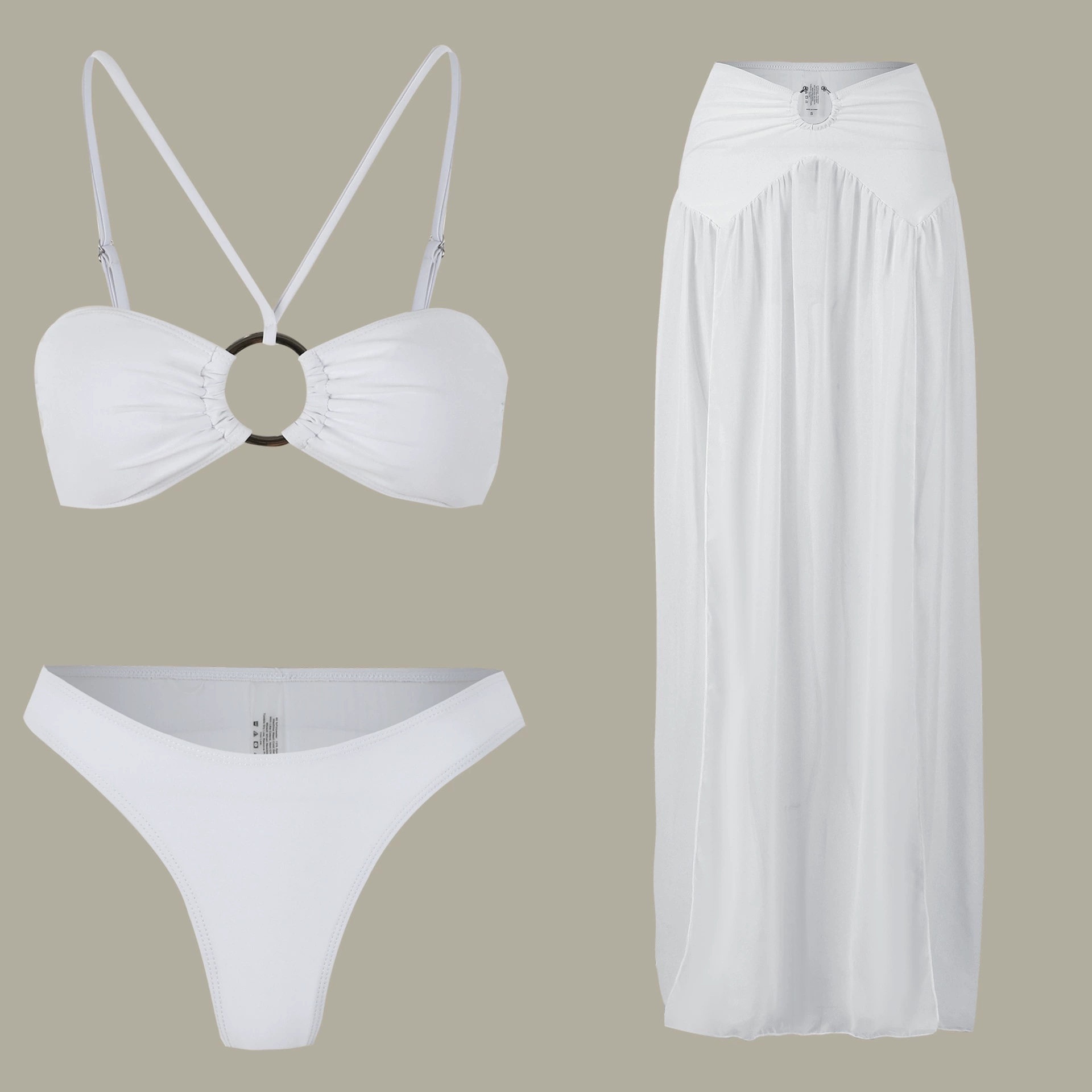 Women’s Three-Piece Bikini Set with Ring Detail and High Slit Skirt