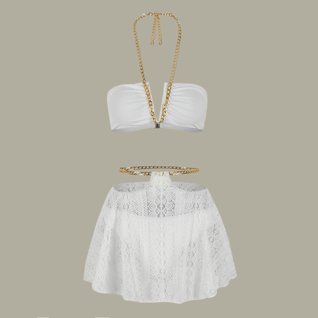 Chain Halter Bikini with Lace Skirt Set