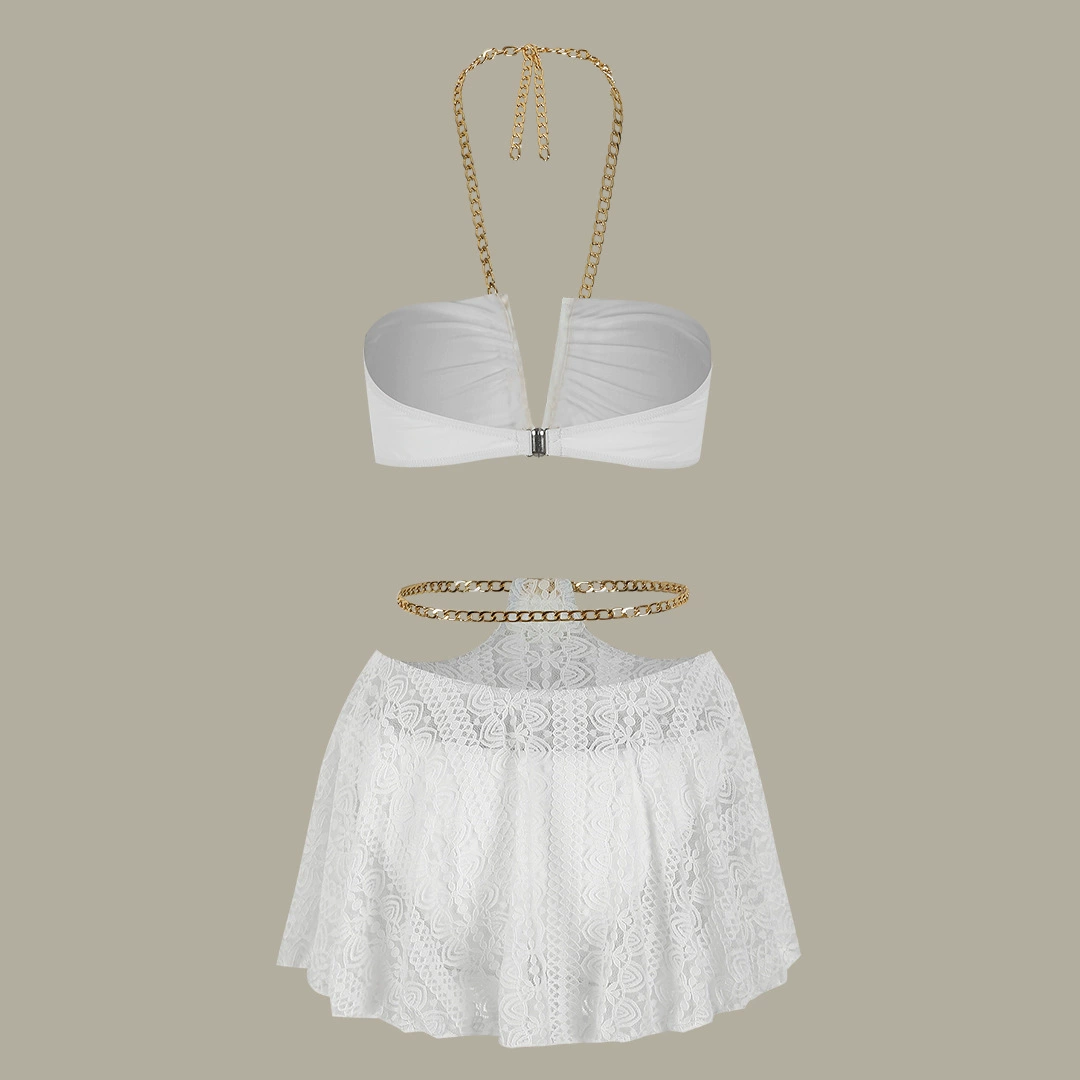 Chain Halter Bikini with Lace Skirt Set view 3