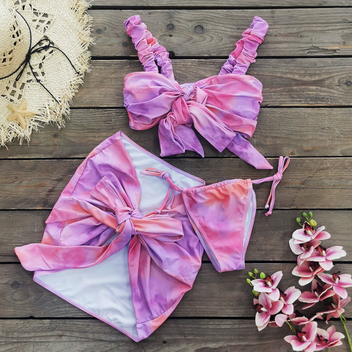 Three-Piece Bikini Set with Ruffle Straps and Sarong