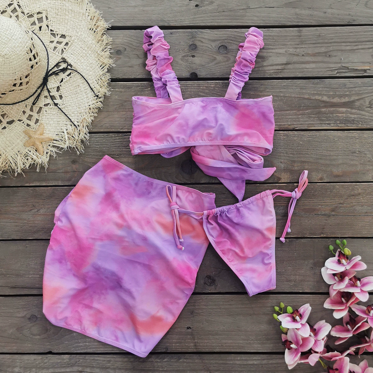 Three-Piece Bikini Set with Ruffle Straps and Sarong view 4