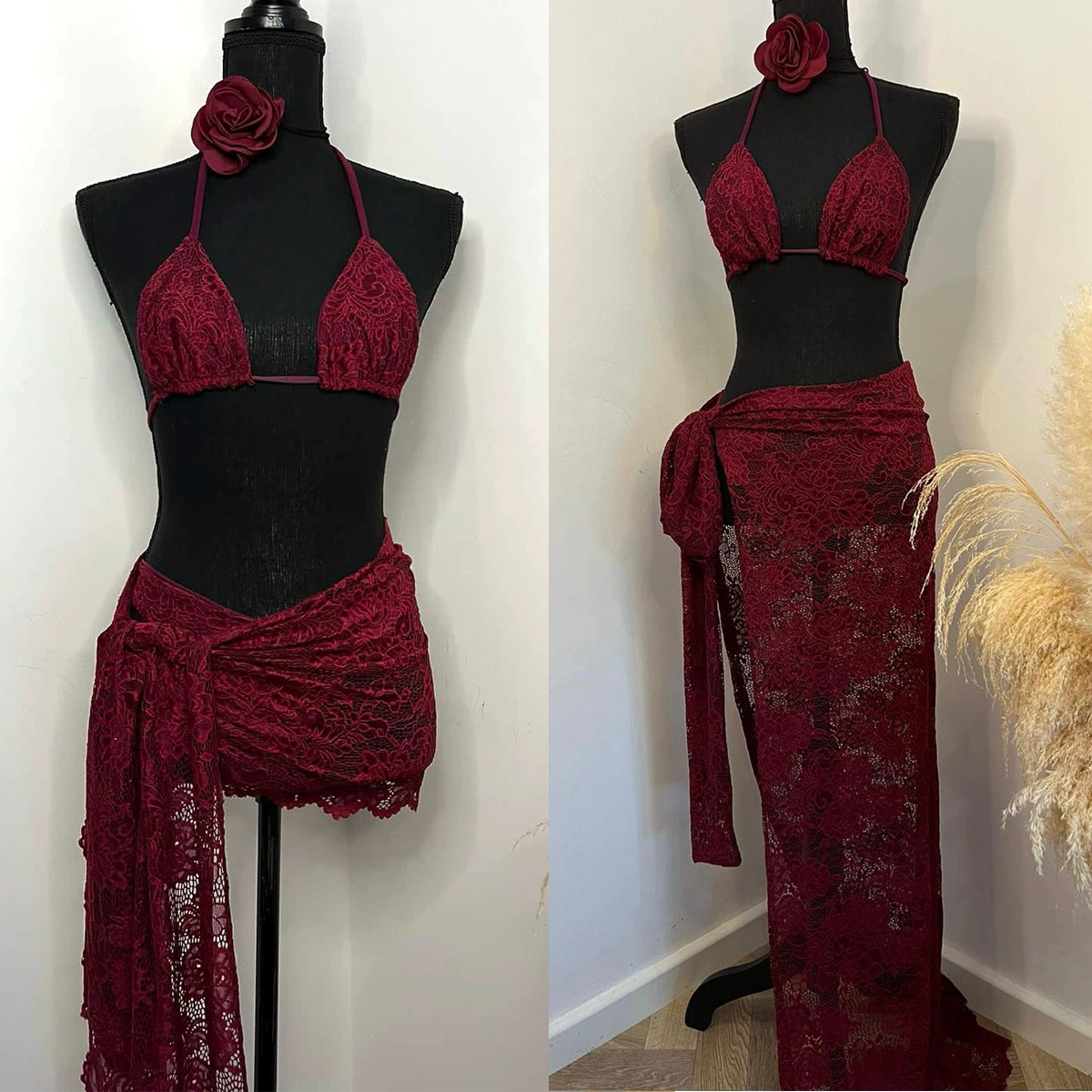 Three-Piece Halter Bikini Set with Wrap Skirt