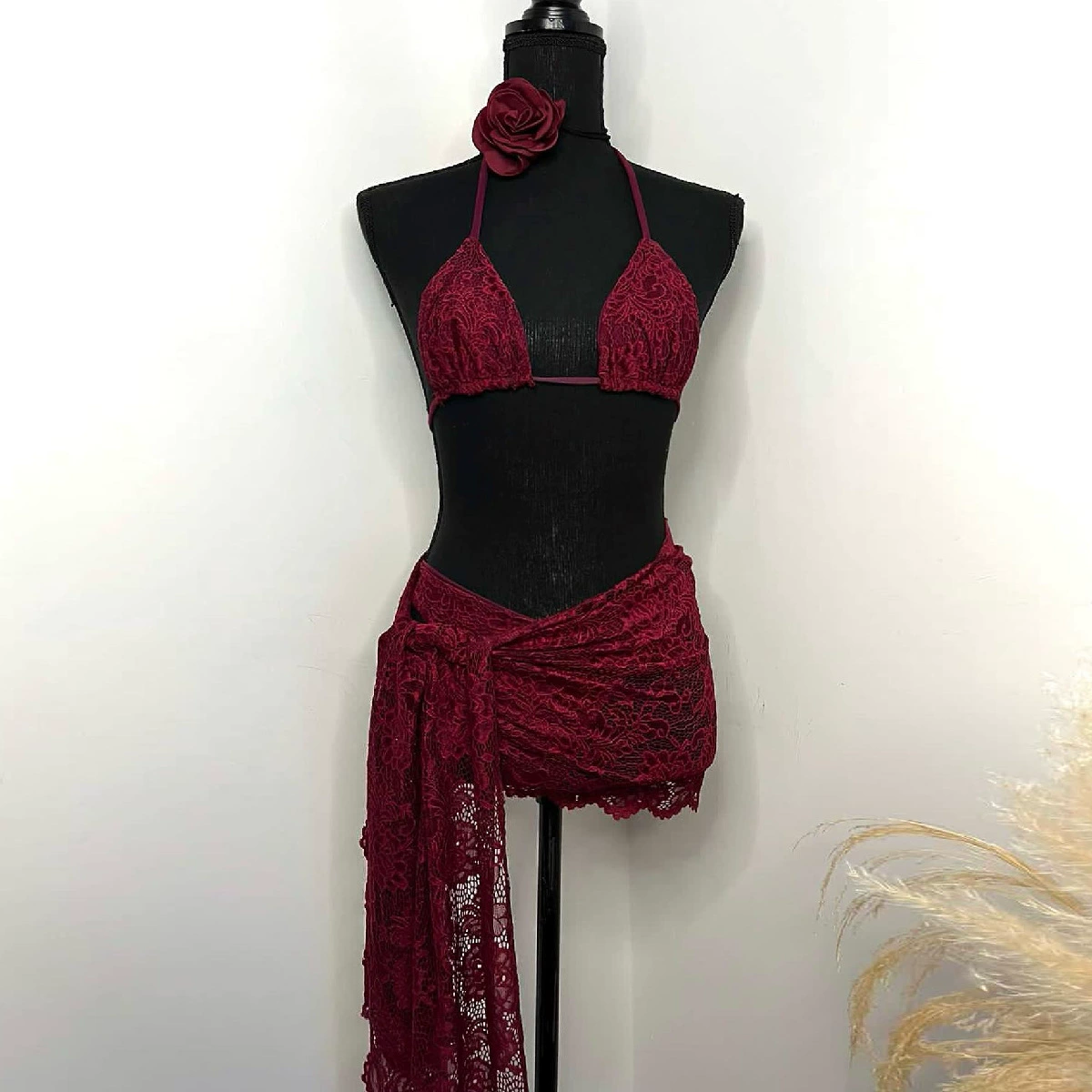 Three-Piece Halter Bikini Set with Wrap Skirt
